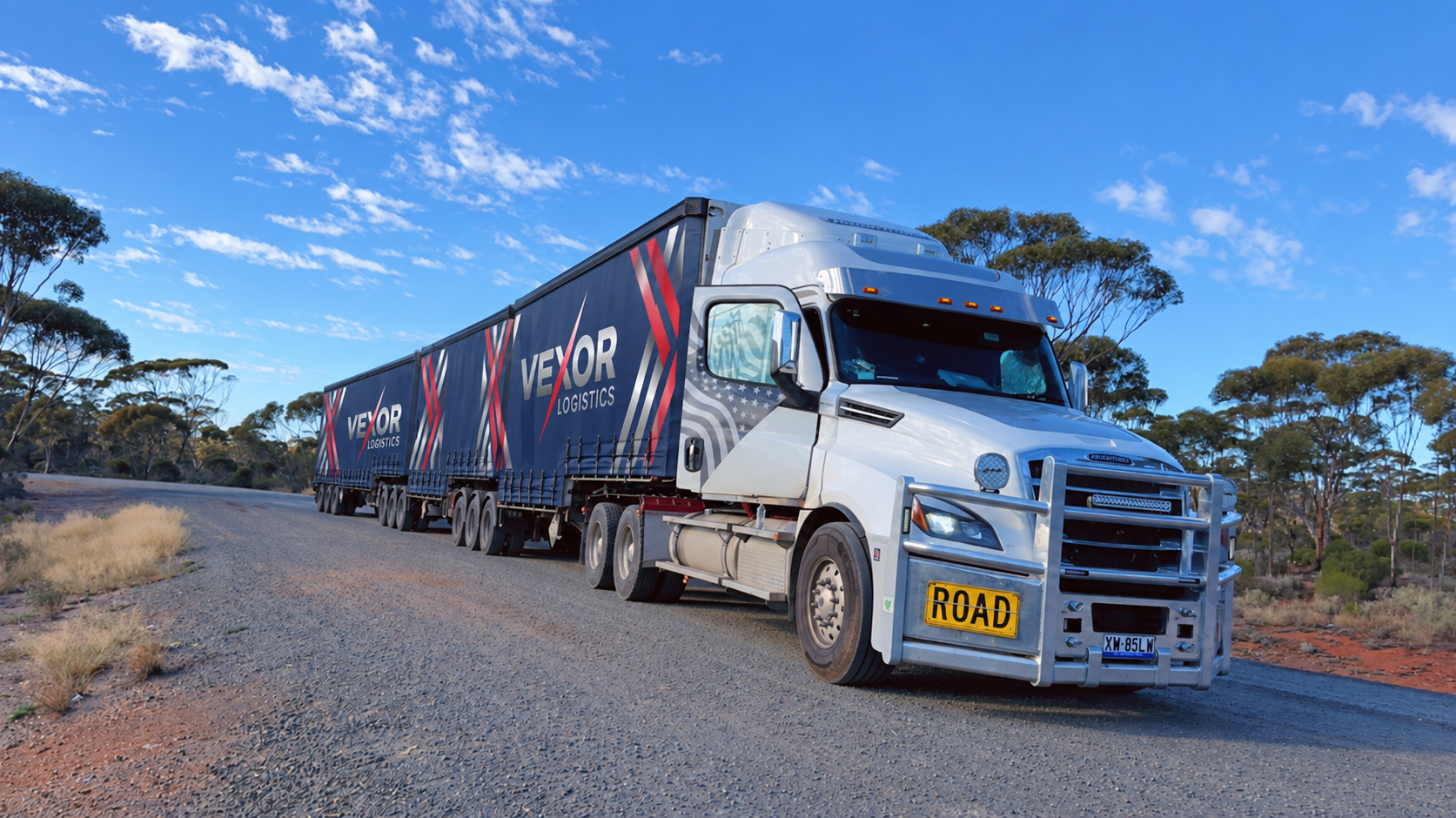 A Vexor road train crossing remote country on the East-West freight corridor